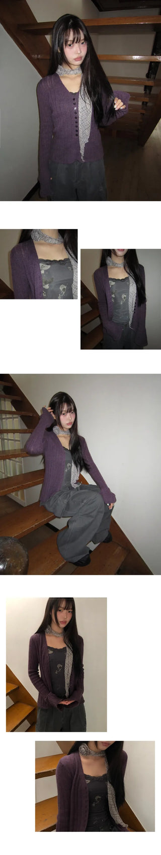Buel Button Point Ribbed Slim Cardigan
