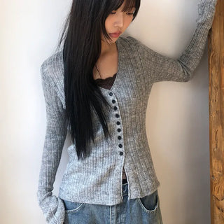 Buel Button Point Ribbed Slim Cardigan