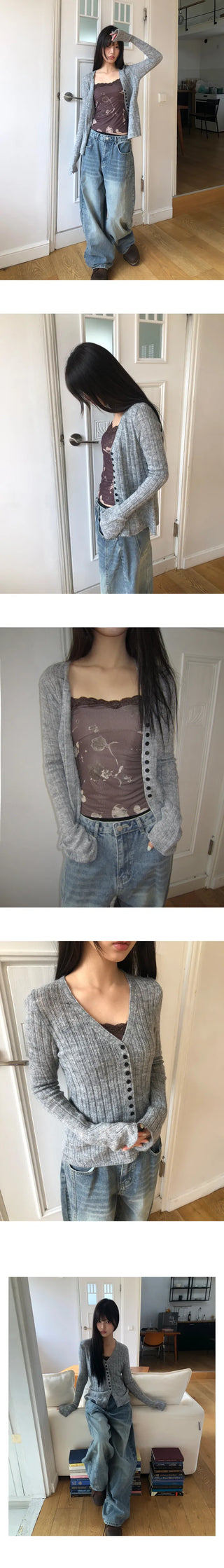 Buel Button Point Ribbed Slim Cardigan