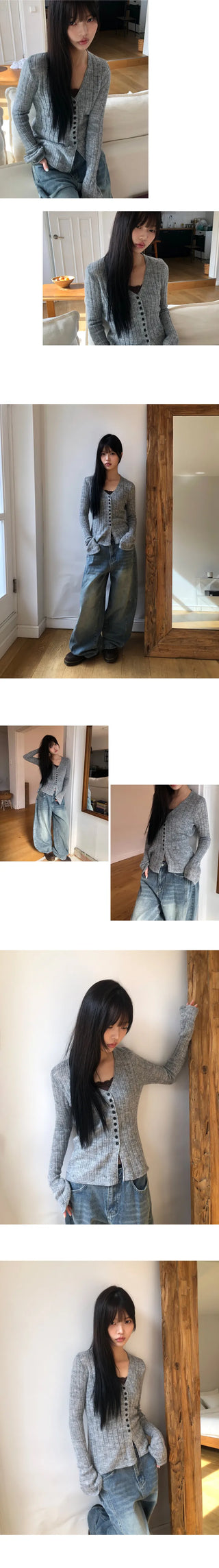 Buel Button Point Ribbed Slim Cardigan
