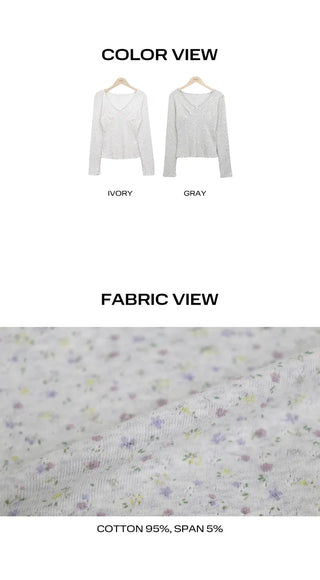 Rome Flower Ribbon V-neck Long Sleeve T-shirt