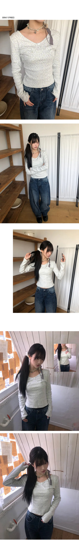 Rome Flower Ribbon V-neck Long Sleeve T-shirt
