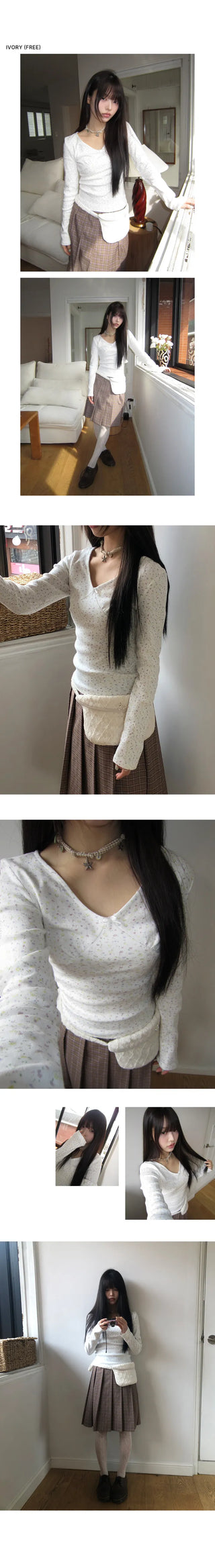 Rome Flower Ribbon V-neck Long Sleeve T-shirt