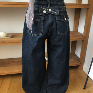Racket Raw Denim Back Buckle Wide Denim Pants