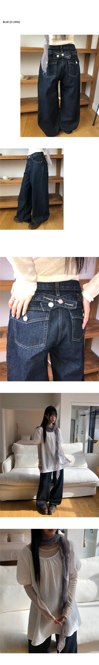 Racket Raw Denim Back Buckle Wide Denim Pants