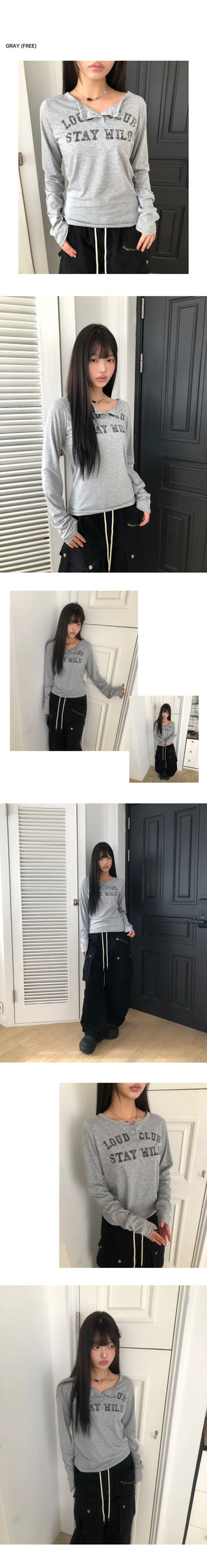 Queend Lettering Button Long Sleeve T-shirt