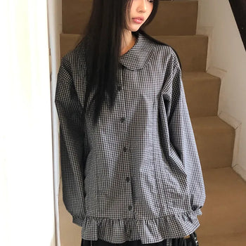 Lundi Check Shirred Round Collar Blouse