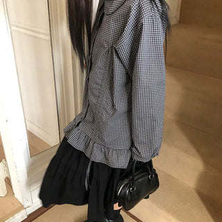 Lundi Check Shirred Round Collar Blouse