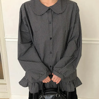 Lundi Check Shirred Round Collar Blouse