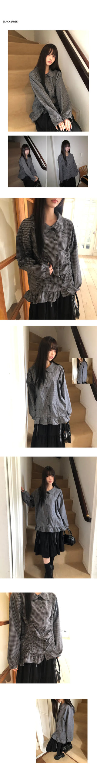 Lundi Check Shirred Round Collar Blouse