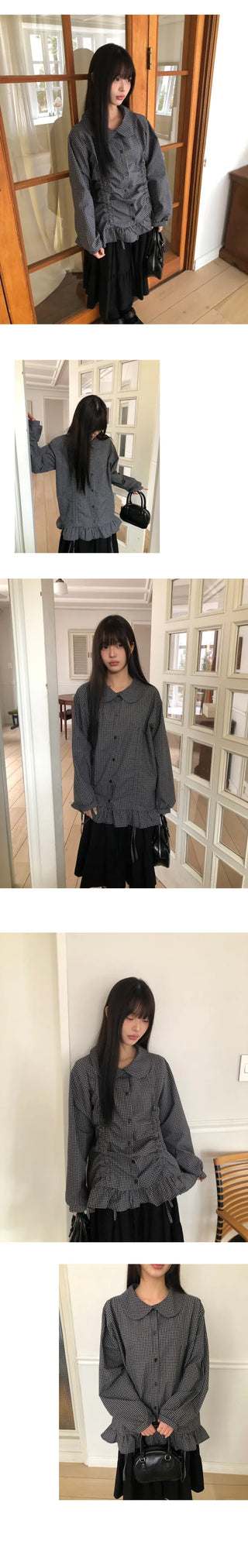 Lundi Check Shirred Round Collar Blouse
