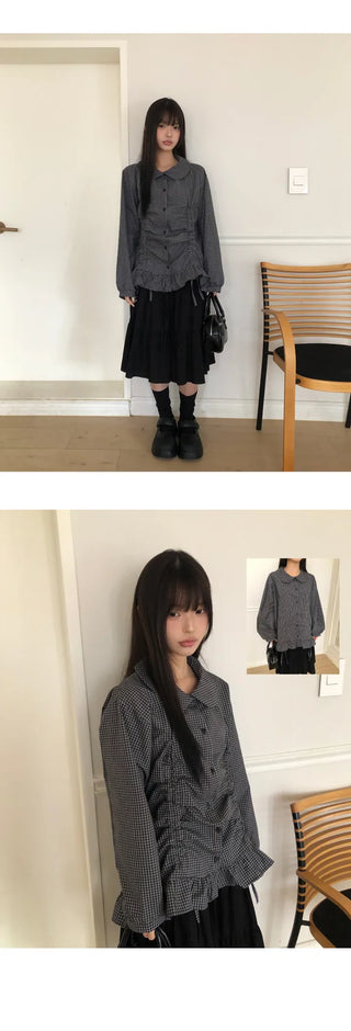 Lundi Check Shirred Round Collar Blouse