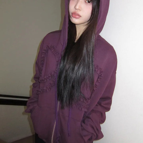Binon Ribbon Frill Zip-Up Hoodie