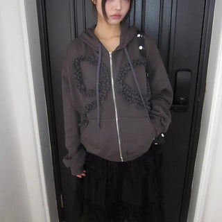 Binon Ribbon Frill Zip-Up Hoodie