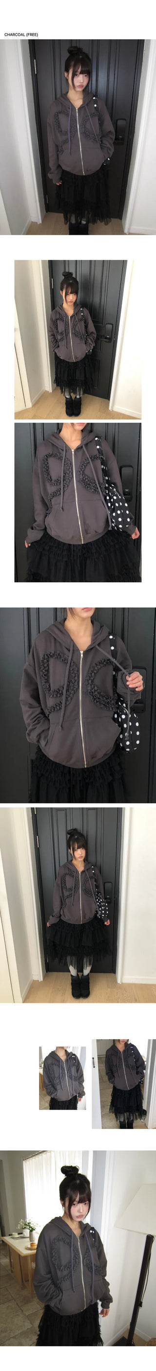 Binon Ribbon Frill Zip-Up Hoodie