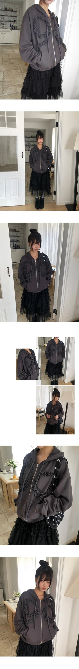 Binon Ribbon Frill Zip-Up Hoodie