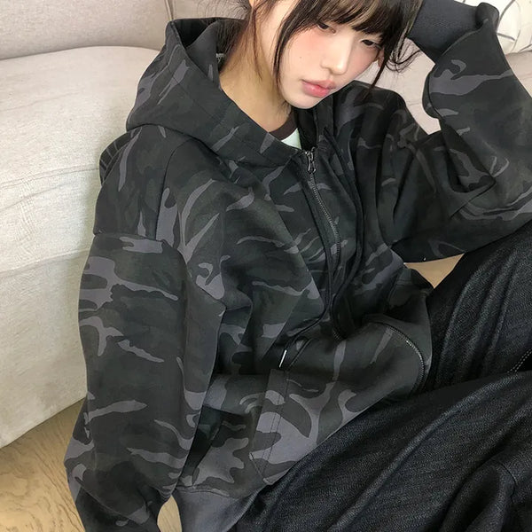 Jaon Camo Two-way Semi-crop Zip-up Hoodie