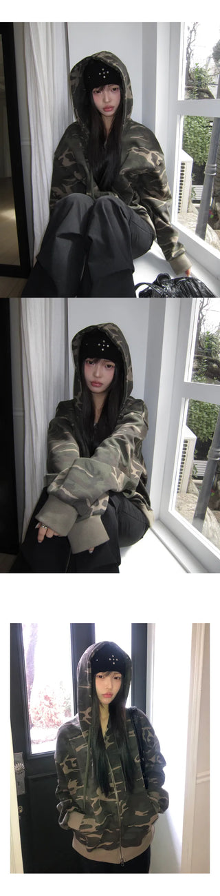 Jaon Camo Two-way Semi-crop Zip-up Hoodie