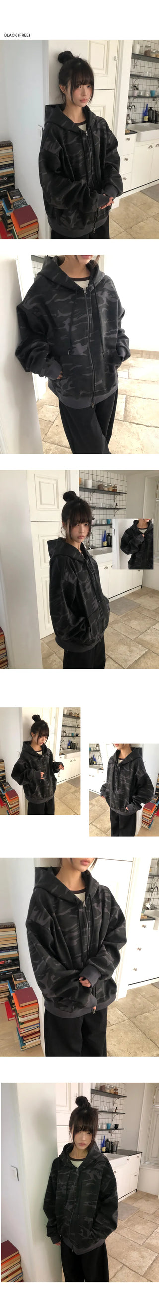 Jaon Camo Two-way Semi-crop Zip-up Hoodie