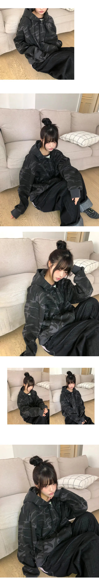 Jaon Camo Two-way Semi-crop Zip-up Hoodie