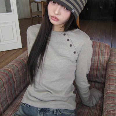 Ruhin Asymmetrical Diagonal Button Long Sleeve T-shirt