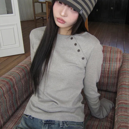 Ruhin Asymmetrical Diagonal Button Long Sleeve T-shirt