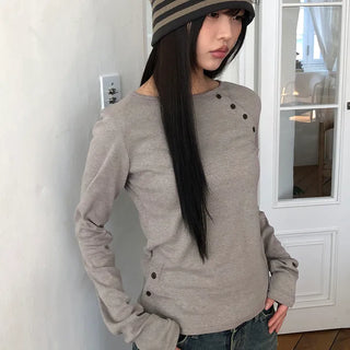 Ruhin Asymmetrical Diagonal Button Long Sleeve T-shirt