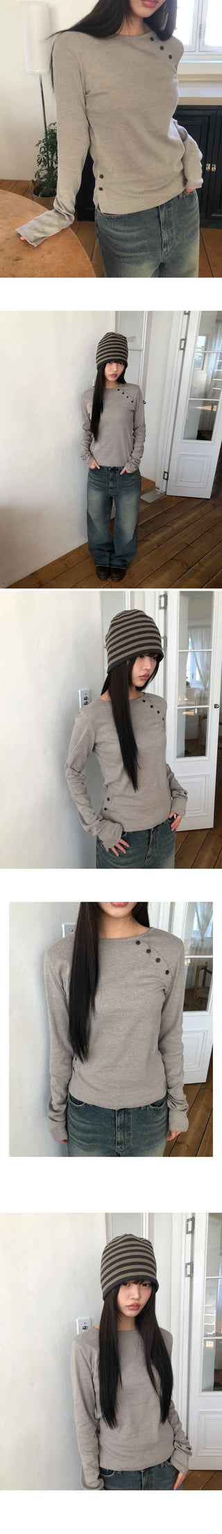 Ruhin Asymmetrical Diagonal Button Long Sleeve T-shirt