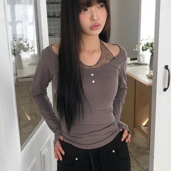 Hinb Halter Layered Button Long Sleeve T-shirt