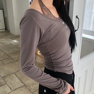 Hinb Halter Layered Button Long Sleeve T-shirt