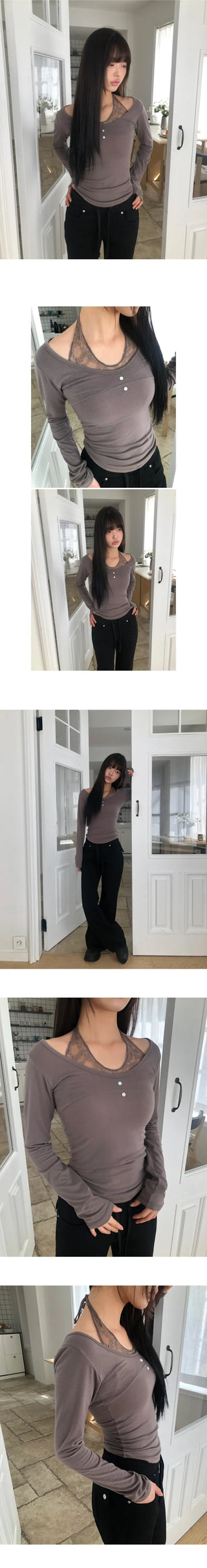 Hinb Halter Layered Button Long Sleeve T-shirt