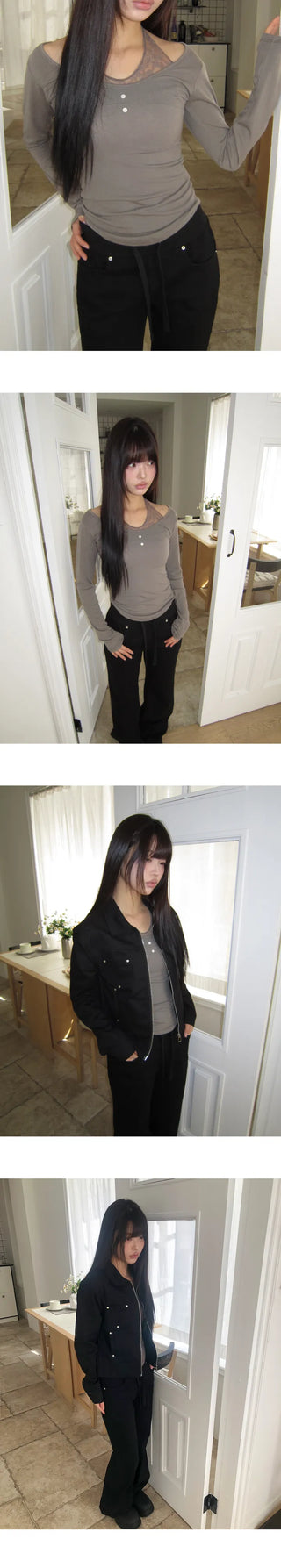 Hinb Halter Layered Button Long Sleeve T-shirt