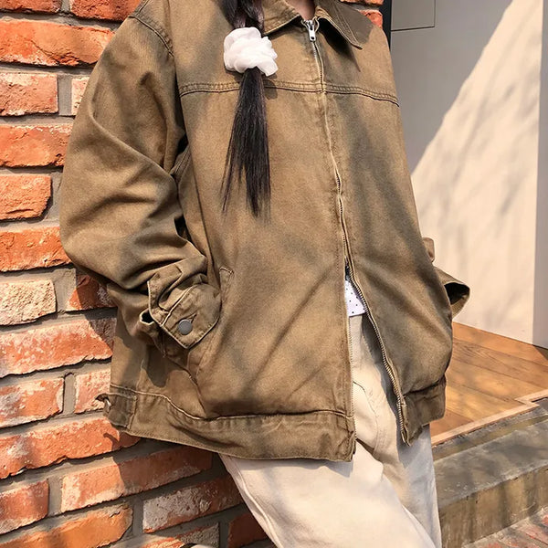 Luken Semi-Crop Washed Cotton Two-way Collar Jacket