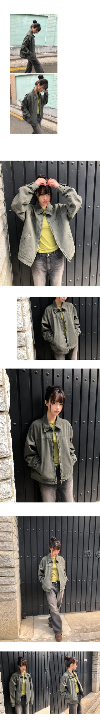 Luken Semi-Crop Washed Cotton Two-way Collar Jacket