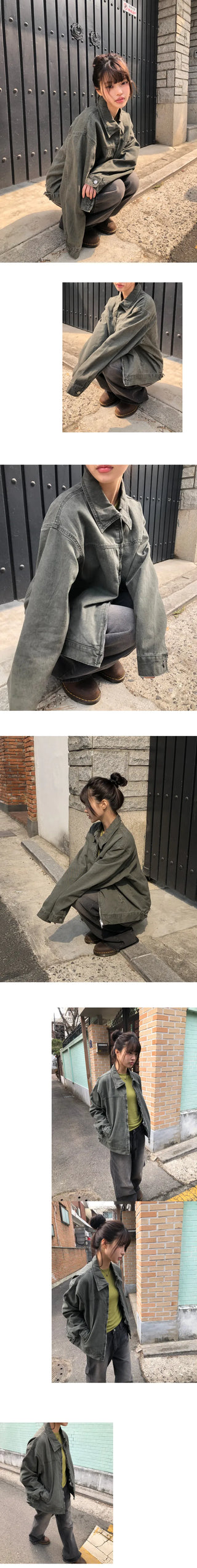 Luken Semi-Crop Washed Cotton Two-way Collar Jacket