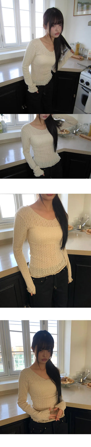 Burin Punched Wavy V-Neck Knit