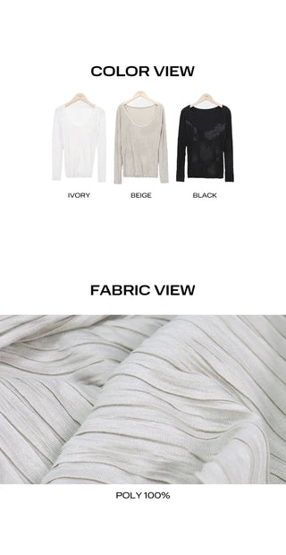 Ruden Pleated Print U-Neck Long Sleeve T-Shirt
