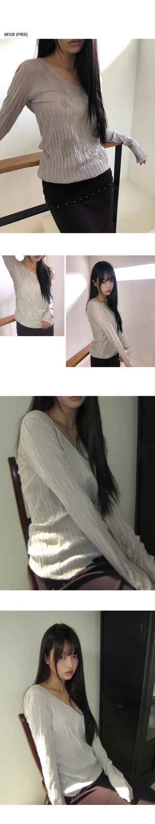 Ruden Pleated Print U-Neck Long Sleeve T-Shirt