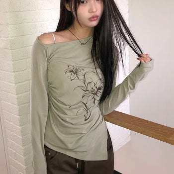 Roden One-Shoulder Floral Print Long-Sleeve T-Shirt