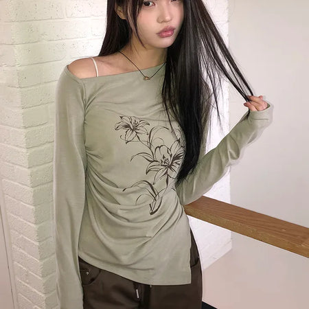 Roden One-Shoulder Floral Print Long-Sleeve T-Shirt
