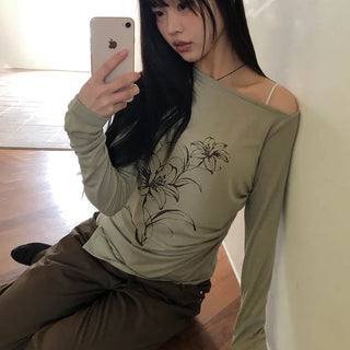 Roden One-Shoulder Floral Print Long-Sleeve T-Shirt