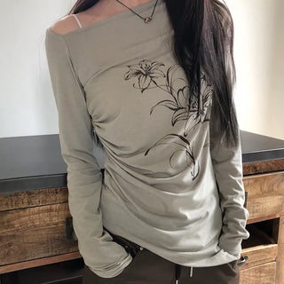 Roden One-Shoulder Floral Print Long-Sleeve T-Shirt