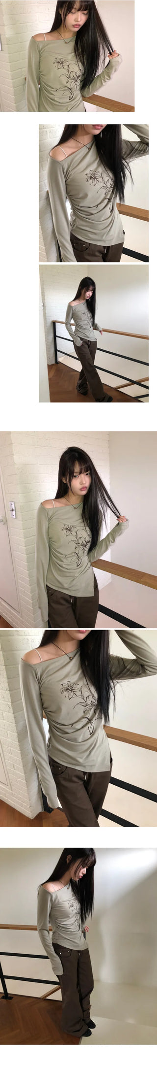 Roden One-Shoulder Floral Print Long-Sleeve T-Shirt