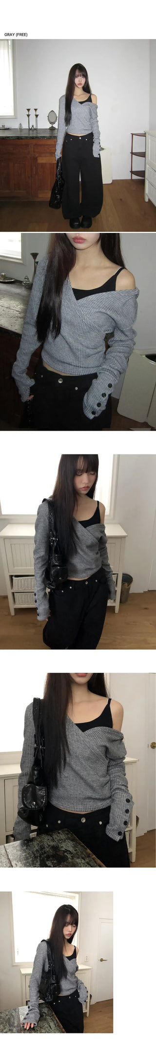 Jinu Sleeve Button Ribbed Wrap Hoodie