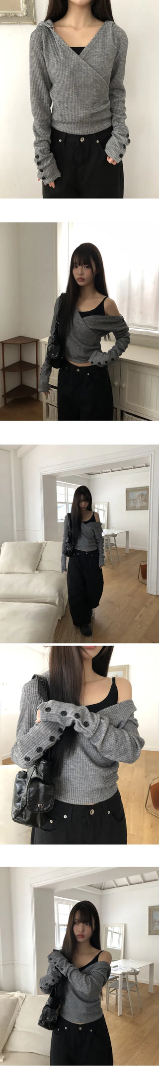 Jinu Sleeve Button Ribbed Wrap Hoodie