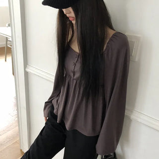 GL Flower Button Shirred Square Long Sleeve T-shirt