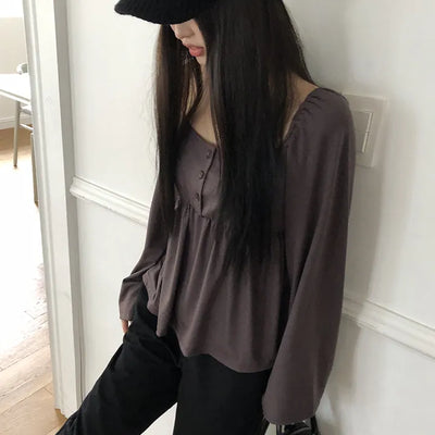 GL Flower Button Shirred Square Long Sleeve T-shirt