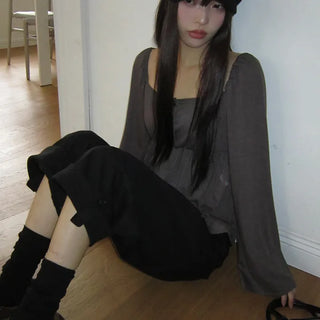 GL Flower Button Shirred Square Long Sleeve T-shirt