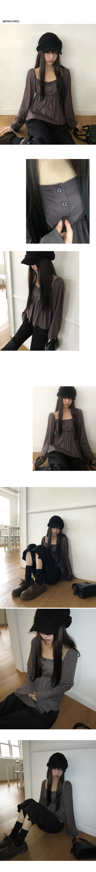 GL Flower Button Shirred Square Long Sleeve T-shirt