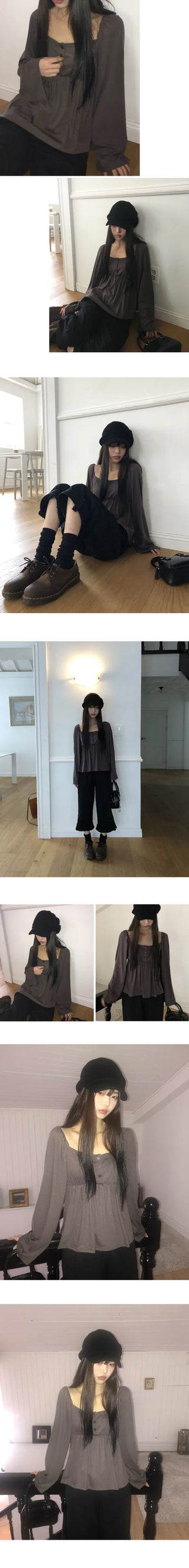 GL Flower Button Shirred Square Long Sleeve T-shirt